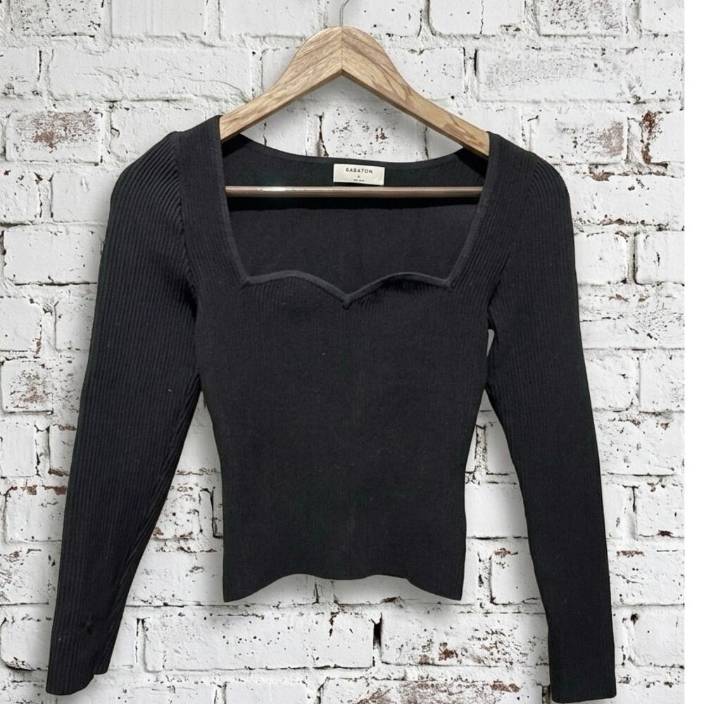 Babaton Sweetheart Ribbed Knit Top Quiet Luxury Size S Black square neck